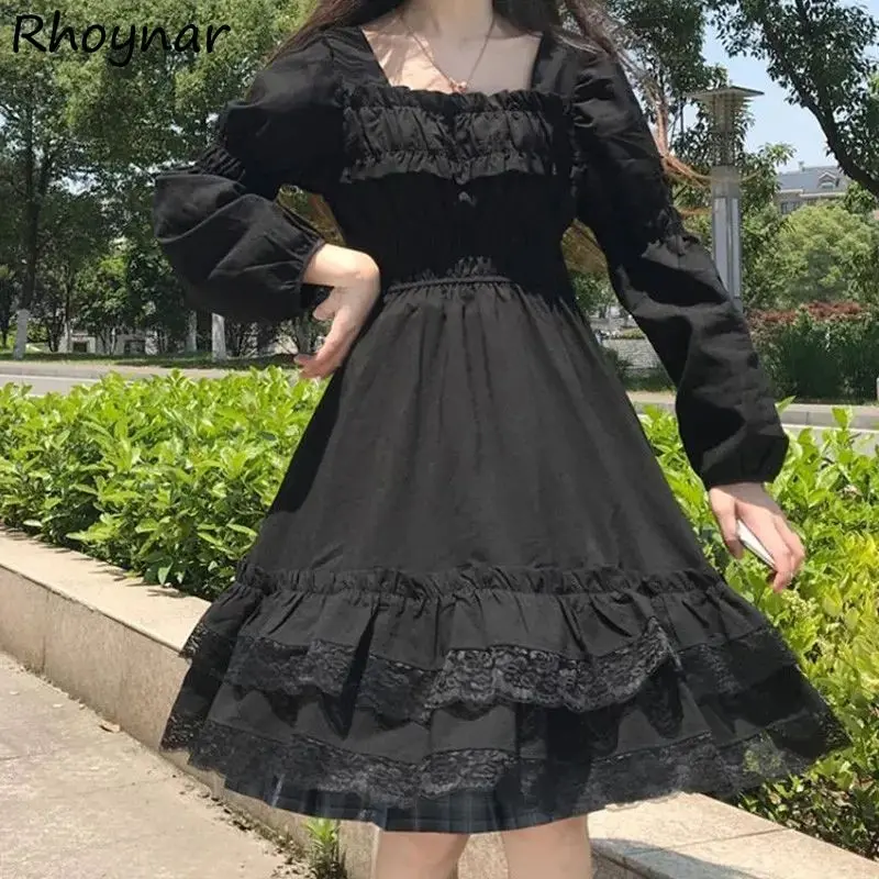 

Loose Gothic Black Princess Dress Autumn Girls Puff Sleeve Aesthetic Lace Design Chic Vintage Sweet Square Collar Vestidos Ins