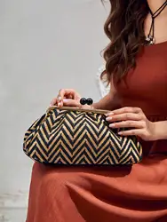 Nuova elegante pochette a righe da donna con chiusura a perline nere e cinghie di chiusura per matrimoni, feste, balli e cocktail