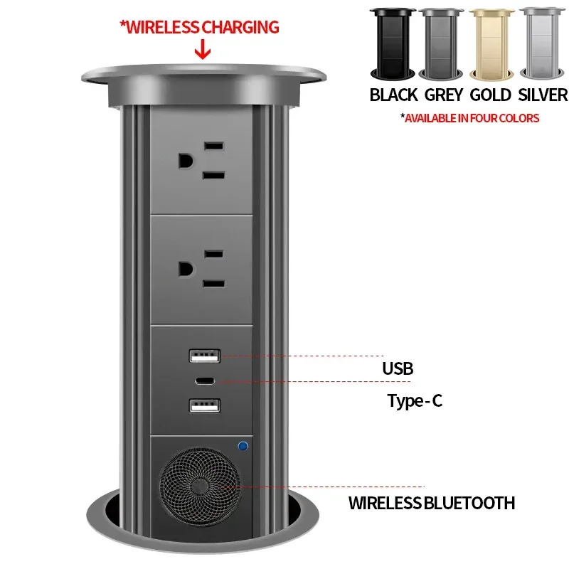 Gemotoriseerde Pop-up Toren Socket Draadloze Oplader Automatische Stekker Desktop Werkblad, Eu Fr Socket USB Type-C Bluetooth Speaker - afbeelding 1
