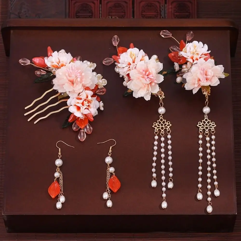 

Classical Tassel Chinese Style Hairpin Set Pearl Earring Hanfu Hair Stick for Buns Alloy Flower Hair Comb Cheongsam