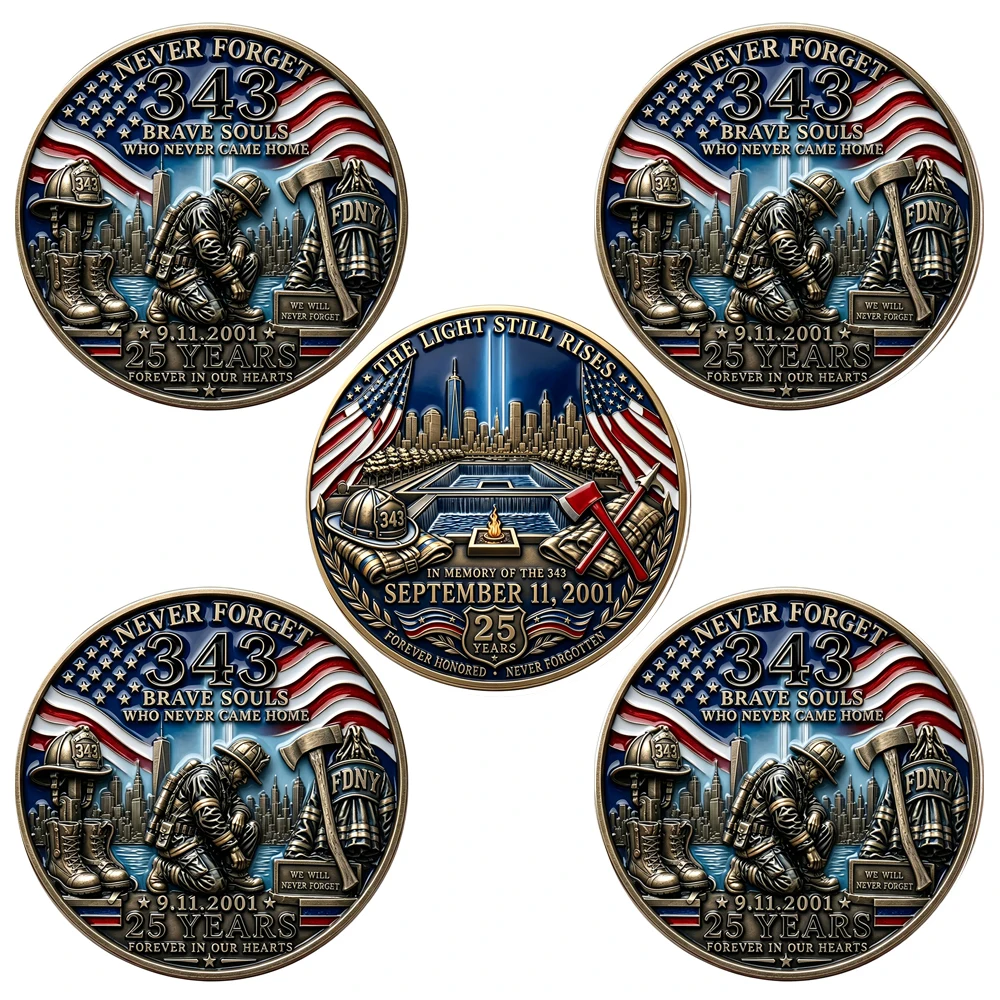 5pcs Never Forget 343 Firefighter Commemorative Coins 9.11 25th Anniversary Memorial Collectible Coin Patriotic Gifts for Friend