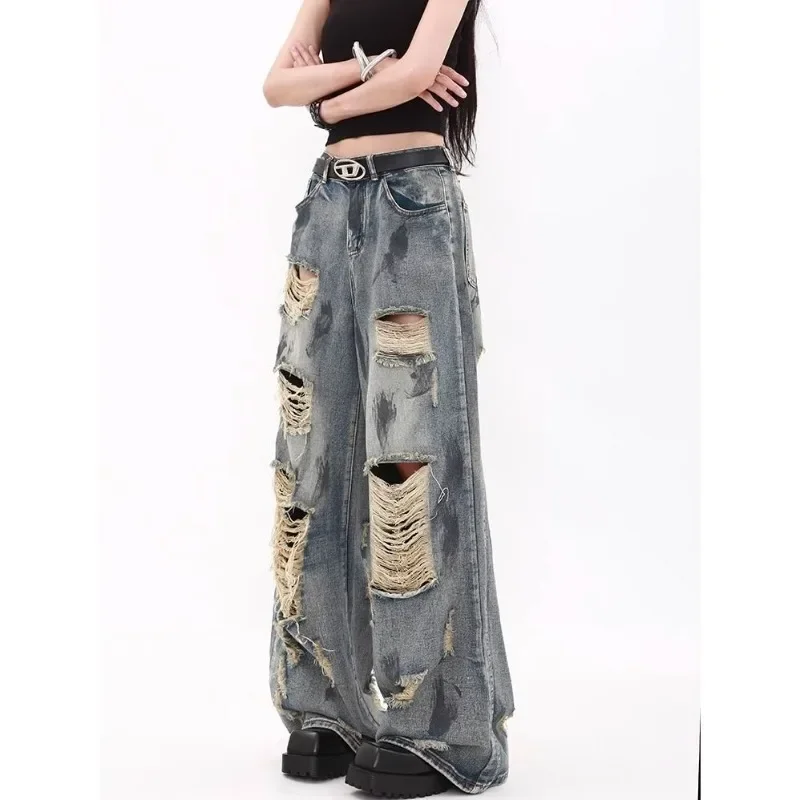 

New American Fashion Wasteland Wind Ripped Jeans for Women's Summer Design Loose and Wide Leg Pants Female Clothing