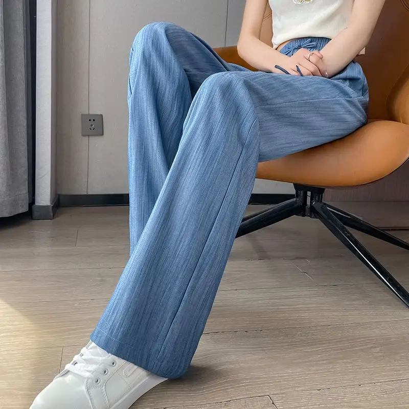 

Narrow Ice Silk Cotton Linen Wide-Leg Pants Women Summer New High Waist Drape Thin Sun Protection Straight Pants E6105