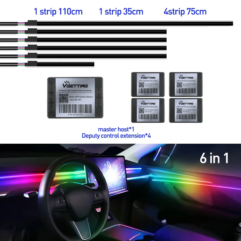 Full Color Streamer Auto Omgevingslichten RGB 64-kleuren Universeel LED-interieur Verborgen acrylstrip Symfonie Sfeerlamp