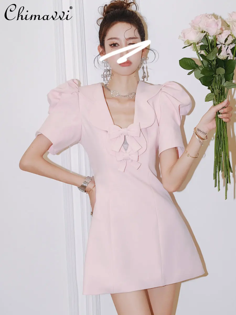 

French Style Pink Bow Waist Trimming Ruffles Dress 2023 Summer New Fashion Puff Sleeve Holiday Short Dress Elegant Party Dresses