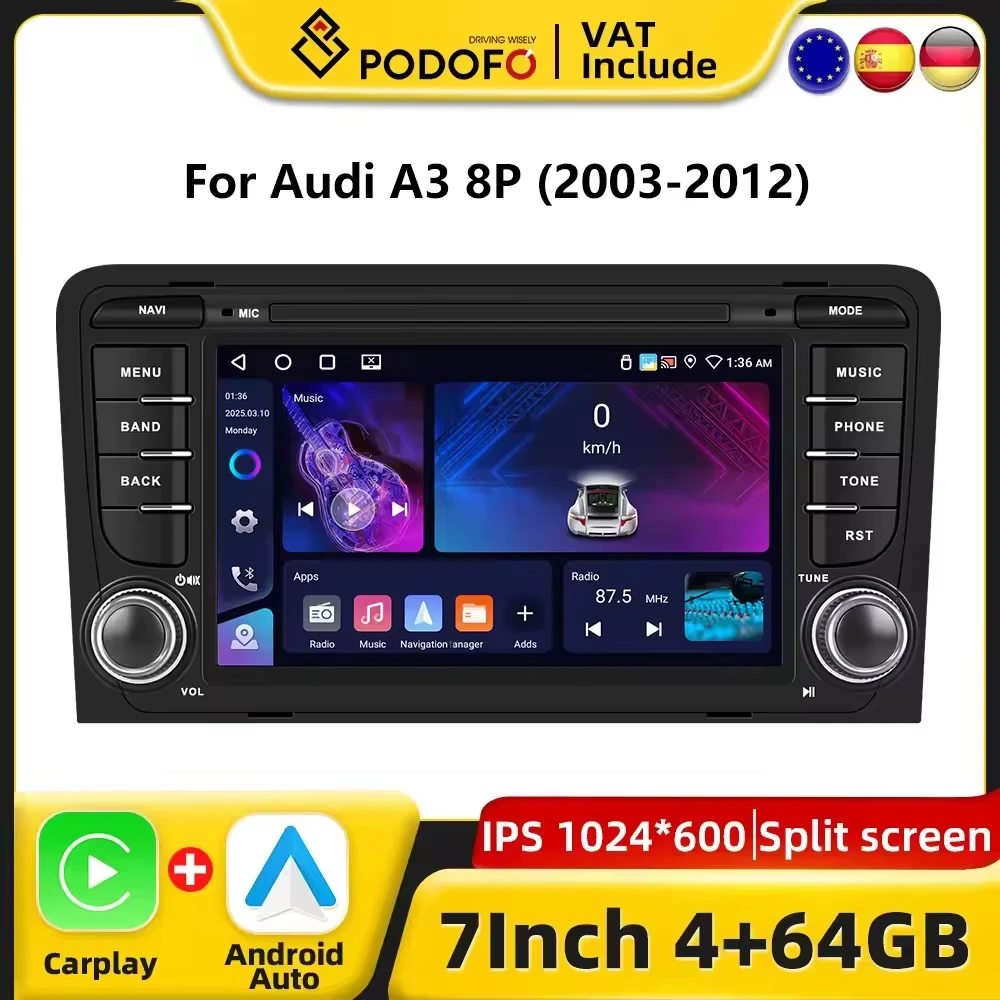 Podofo CarPlay Android Autoradio für Audi A3 8P 2003-2012, Intelligentes 2-DIN GPS-Stereo-Empfänger-System, Multimedia-Player mit RDS FM, Autoradio-Navigation, Armaturenbrett-Haupteinheit