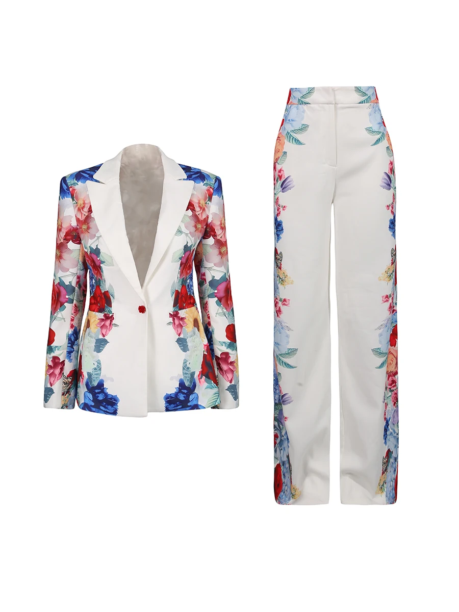 TWOTWINSTYLE ضرب اللون الطباعة قطعتين مجموعات للنساء التلبيب طويلة الأكمام تقسم زر السترة عالية الخصر مجموعة بناطيل رجالي أنثى جديد