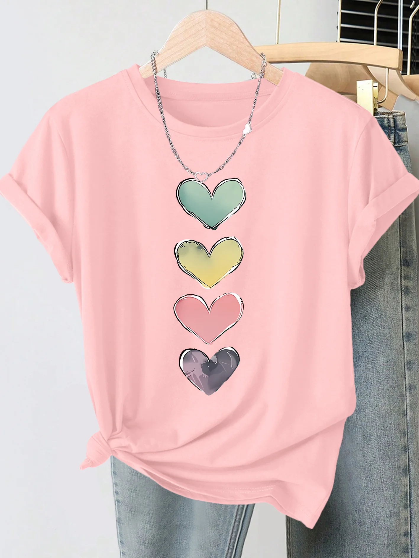 Women's Round Neck Gradient Love Print T-shirt with Soft, Fun and Quirky Design for Summer Daily Wear | Playful Anti-aging Top