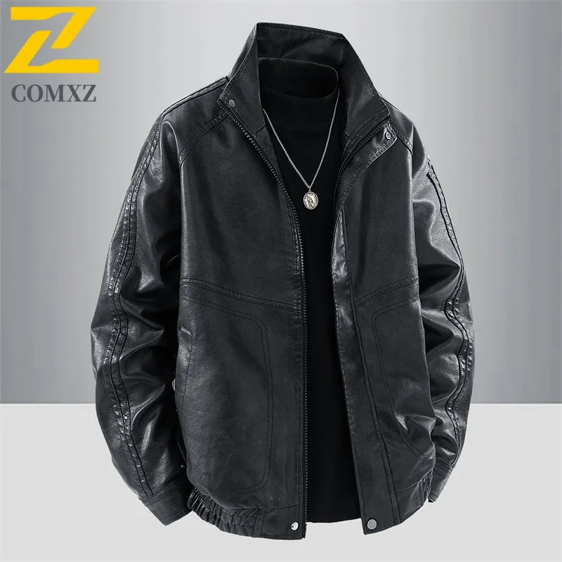 سترة جلدية للرجال COMXZ 2025 على الطراز الأمريكي سترة مريحة للدراجات النارية لركوب الدراجات في الهواء الطلق مقاومة للرياح ملابس خريفية خفيفة الوزن #3