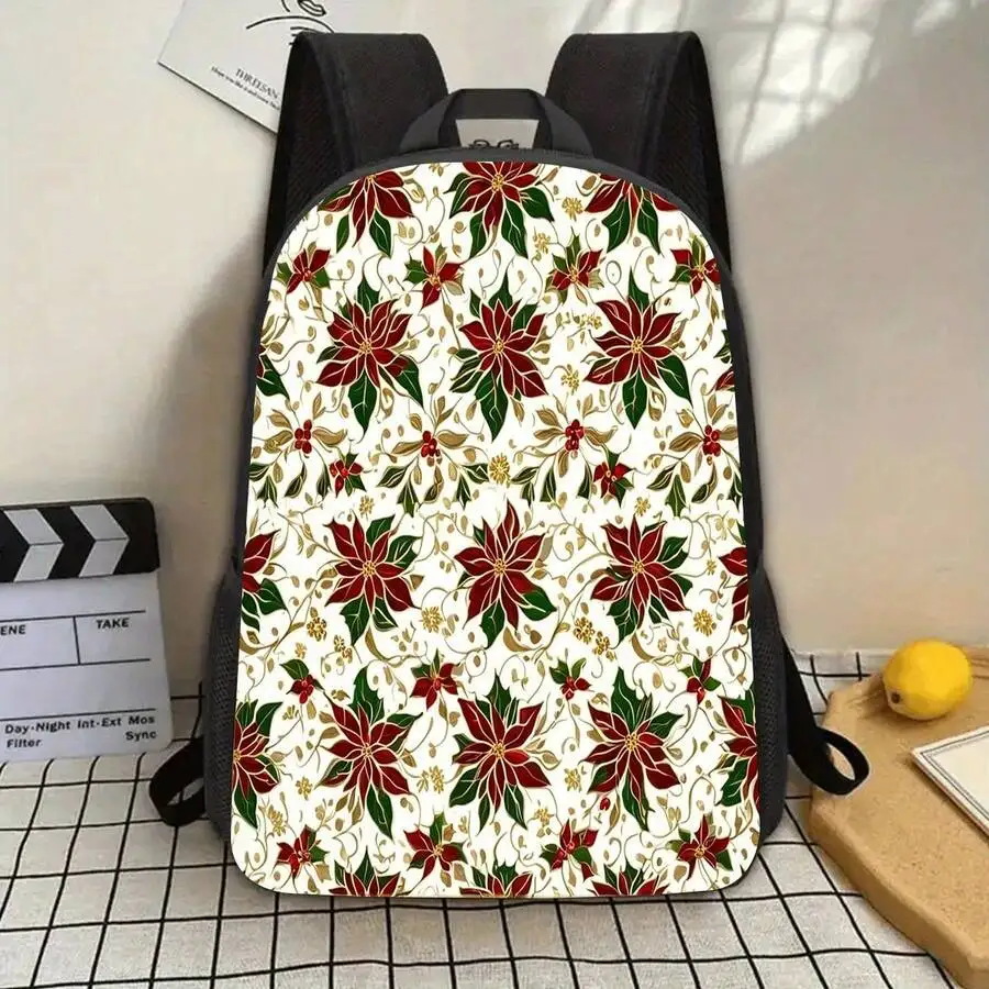 

Christmas Floral Print 17 Inch Laptop Backpack Lightweight Durable Unisex Travel Work Commuter Bag With Water Bottle Holder