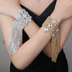 Luxury Rhinestone Water Drop Long Tassel Hand Bracelet Wedding Jewelry for Women Crystal Wide Bracelet Bangle Hand Chain Gift
