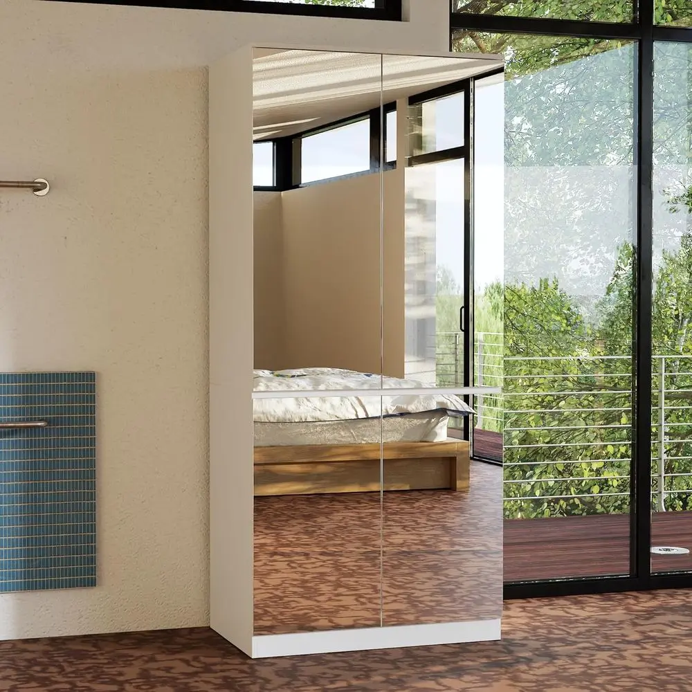 

All-Mirror Wardrobe Closet with 4 Doors & Hanging Rod, White Wooden Storage Cabinet for Bedroom