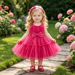 Fluffy Baby Bow Baptism Party Dresses For Girl Toddler Lace 1st Birthday Wedding Princess Evening Dress Pink Bridemaid Prom Gown