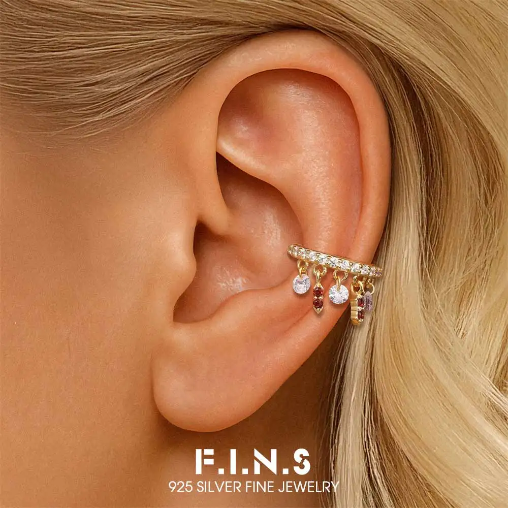 

F.I.N.S 1 шт., серьги-клипсы из стерлингового серебра 925 пробы с красным цирконом и бахромой без отверстий, корейский стиль, модные ювелирные изделия для ушного хряща