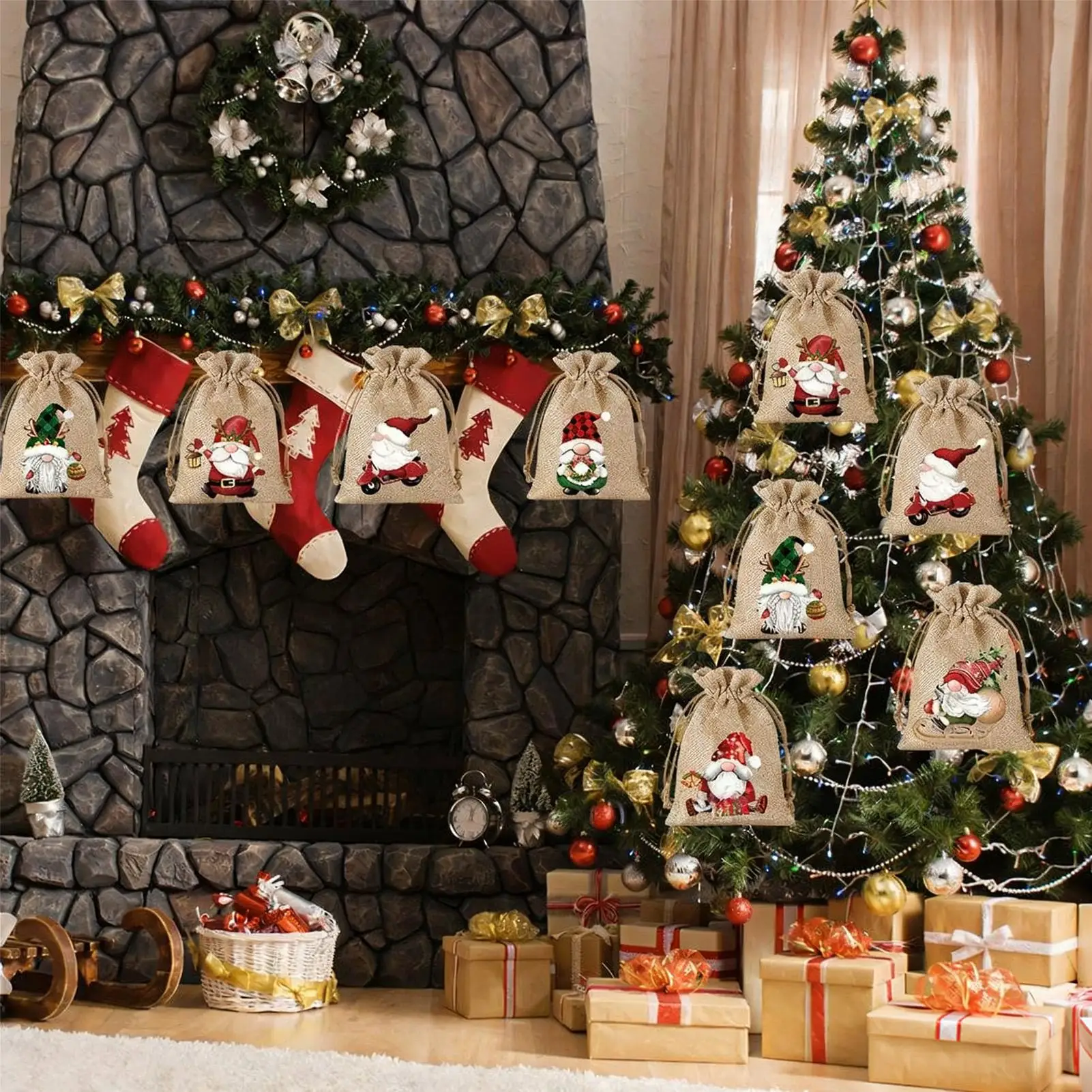 12 stücke Weihnachten Leinen Kordelzug Taschen Süßigkeiten Beutel Sackleinen Gnome Dekorationen Weihnachten Snack Taschen Für Halloween Thanksgiving Hause