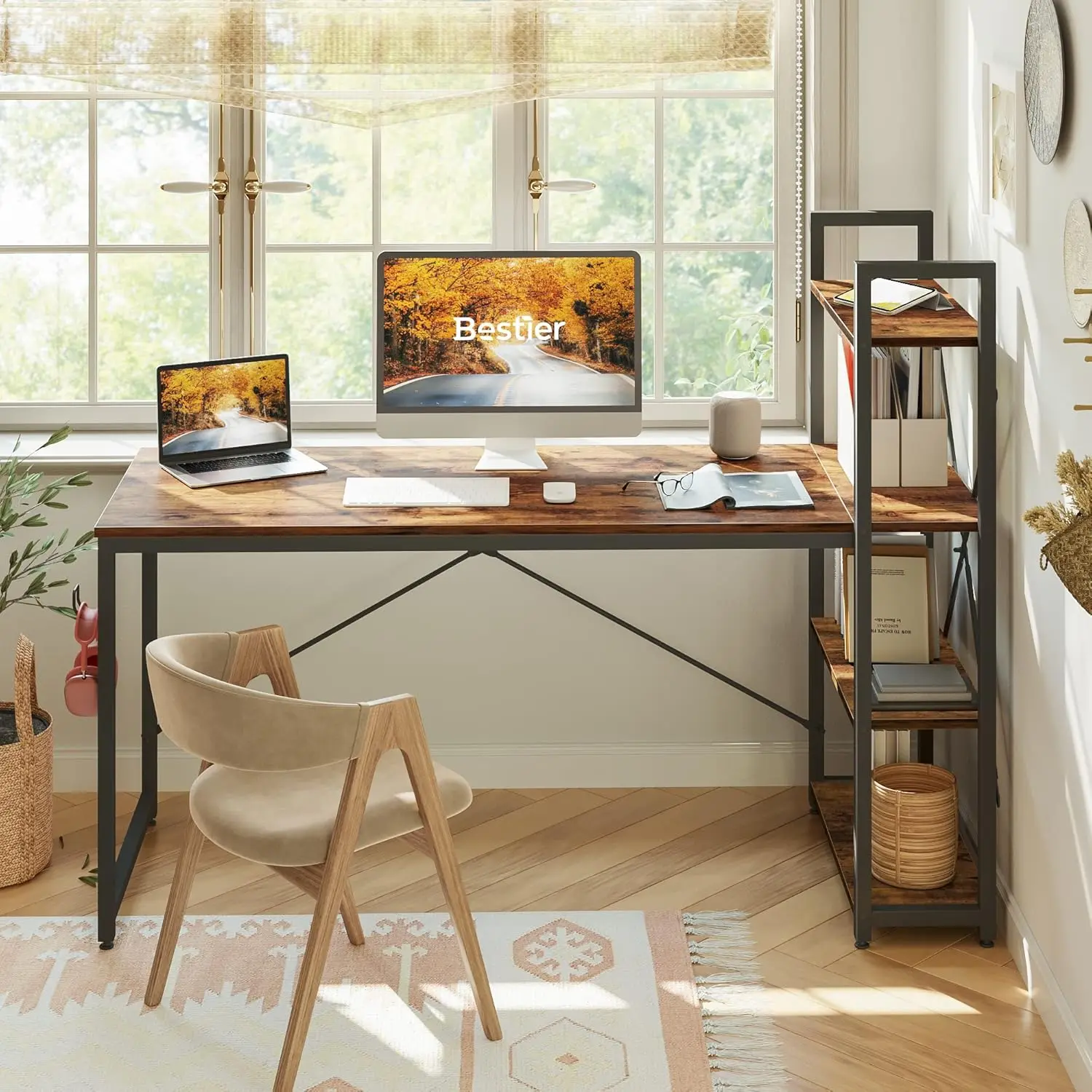 63 Inch Computer Desk with Adjustable Shelves, Simple Writing Desk with Reversible Bookshelf and Metal Legs for Home Office