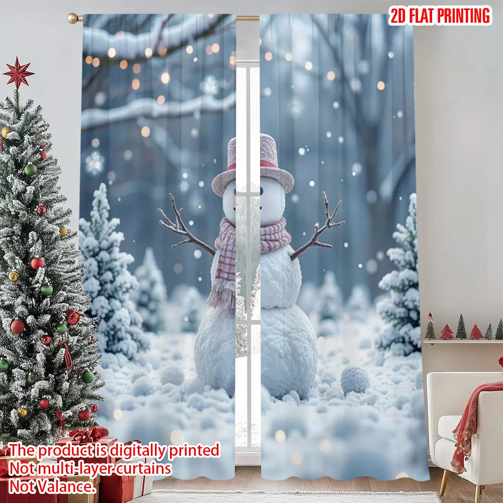 

2pcs 2D flat printing Merry Christmas Party Curtains Festive snowmen and pine trees Fabric Without Electricity Festive Wall
