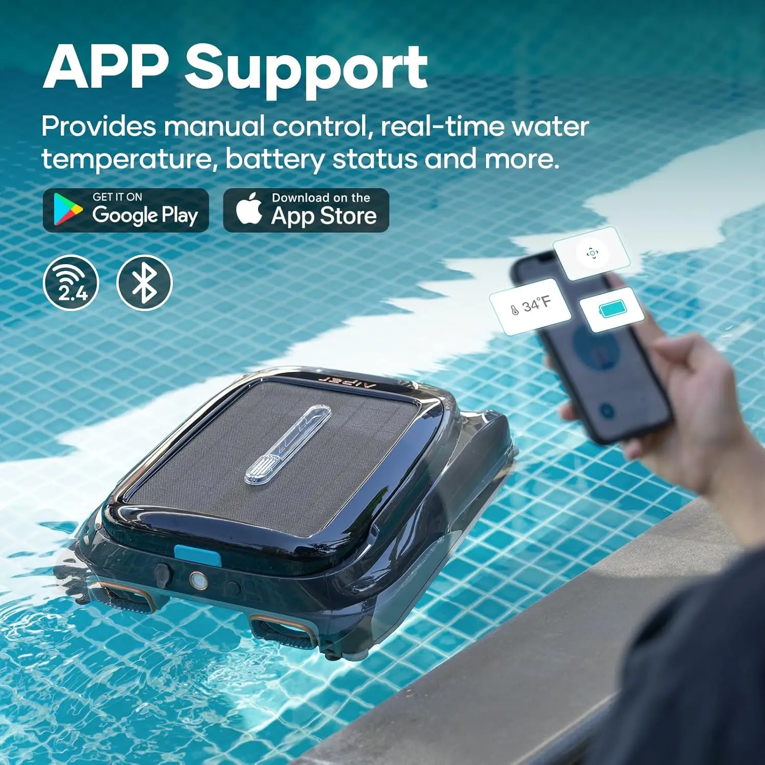 Solar betriebener Roboter-Pool-Skimmer mit App-Unterstützung, doppelten Lade optionen, Pool-Temperatur monitor,