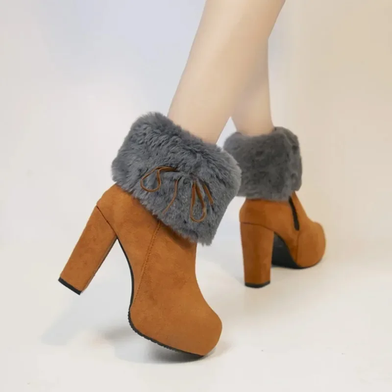 Womens Platform Ankle Boots Faux Fur Warm Winter Block High Heel Snow Thick Sexy Shoes Plus Size 4Colors New 2024