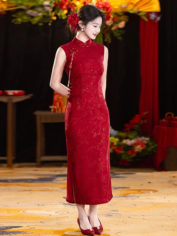 

Red Chinese Style Reformed Qipao Long Sleeveless Wedding Dress Lace Elegant High End Feeling for Engagement And Wedding