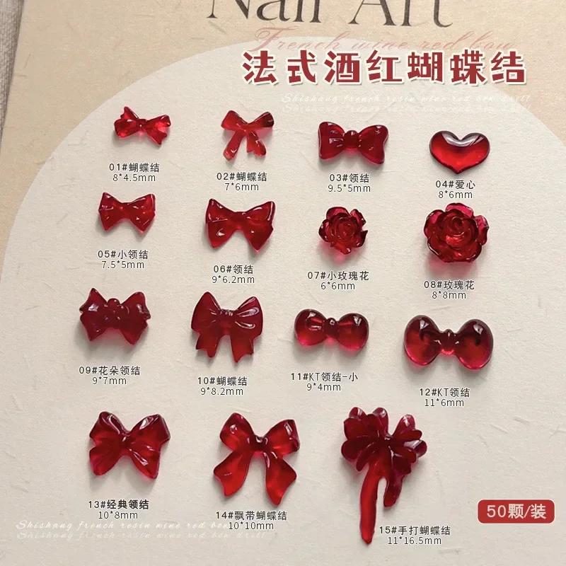 50 ชิ้นไวน์แดง Bowknot 3D เครื่องประดับเล็บตกแต่งแองโกลาสีแดง Bow Tie ริบบิ้น DIY แฟชั่นอุปกรณ์แต่งเล็บขายส่ง