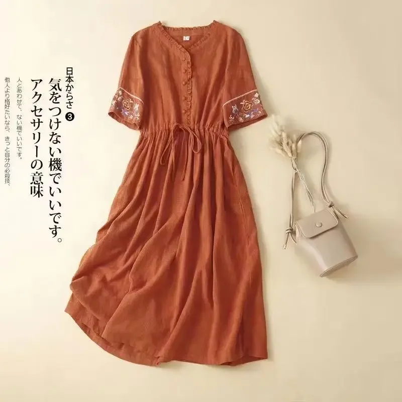 

Linen and cotton dress ladies 2023 summer new fashion embroidery loose drawstring straps mid-length Mori ruffle casual dress