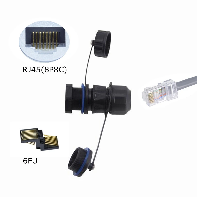 في الهواء الطلق CAT6/5e RJ45 شبكة موصل مقاوم للمياه ، الصناعية لوحة جبل مقرنة مع IP68 الغبار غطاء إيثرنت كابل شبكة محلية