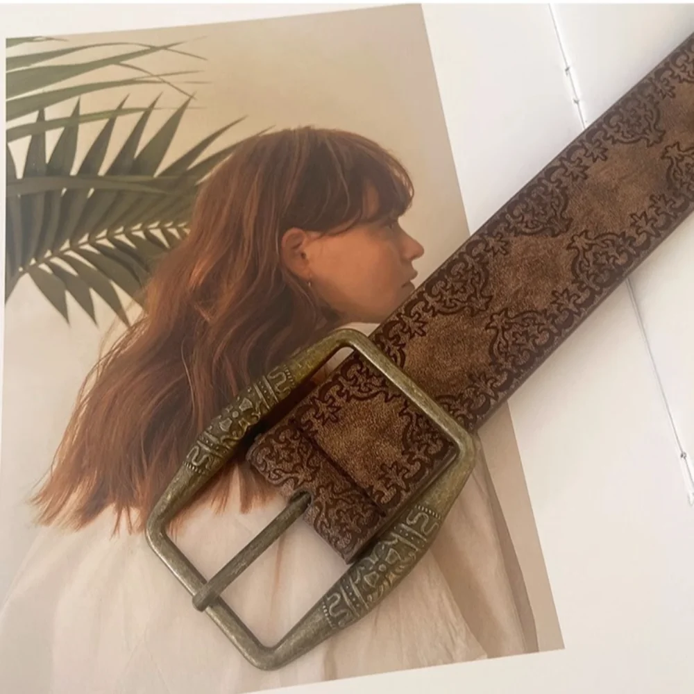 Fashion Y2K Retro Belt National Wind Senior Sense Brown Pin Buckle Waistband PU Wide Jeans Belt