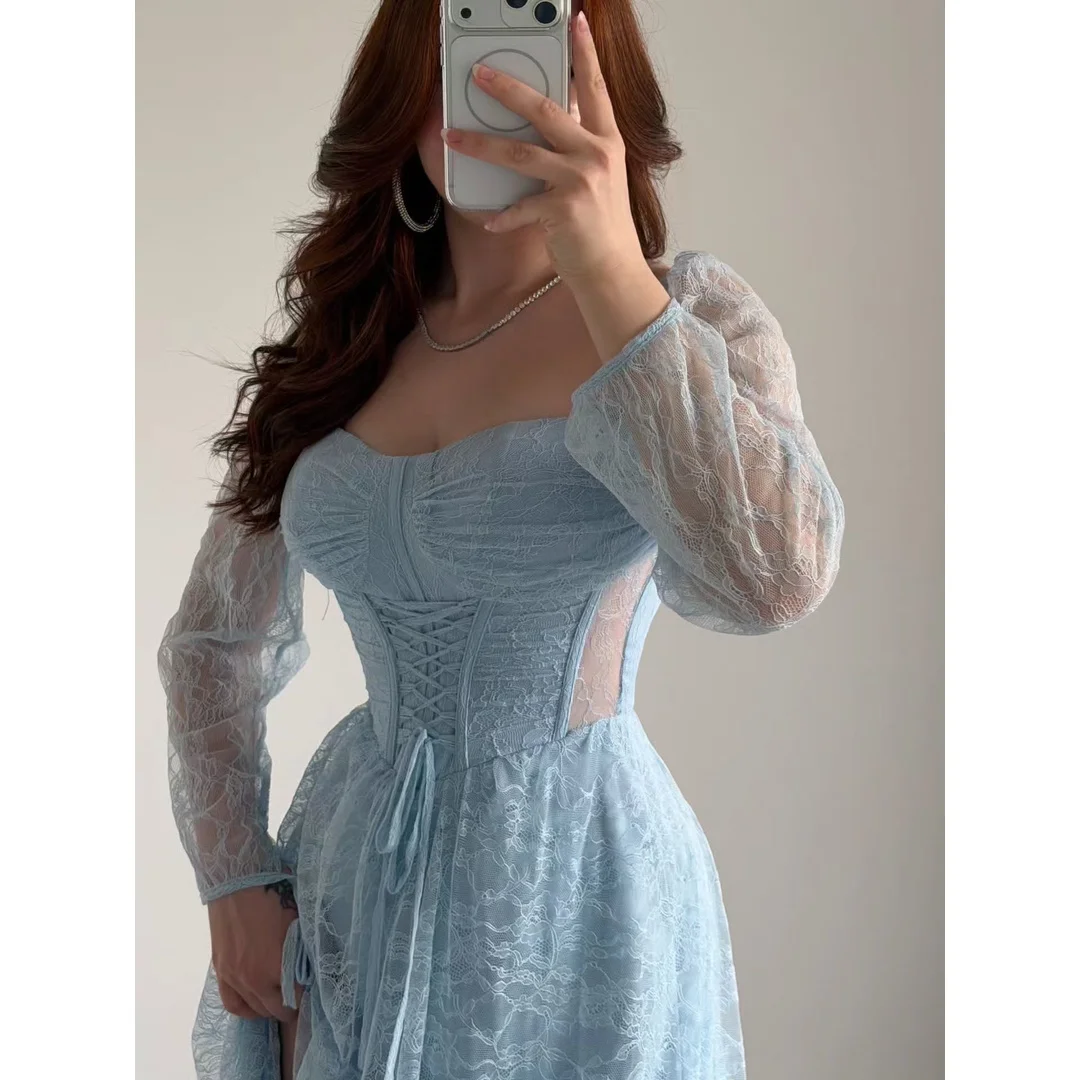 Line A Evening Dresses for Special Occasions Long Sleeves Sky Blue Customized Embroidered Lace Woman Party Dresses Prom Dress