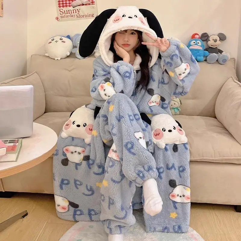 

Sanrio Pajamas 2Pcs Kuromi Cartoon Nightgown 2Pcs Cute Pajamas New Style Girl Winter Coral Velvet Thickened Hooded Home Clothes