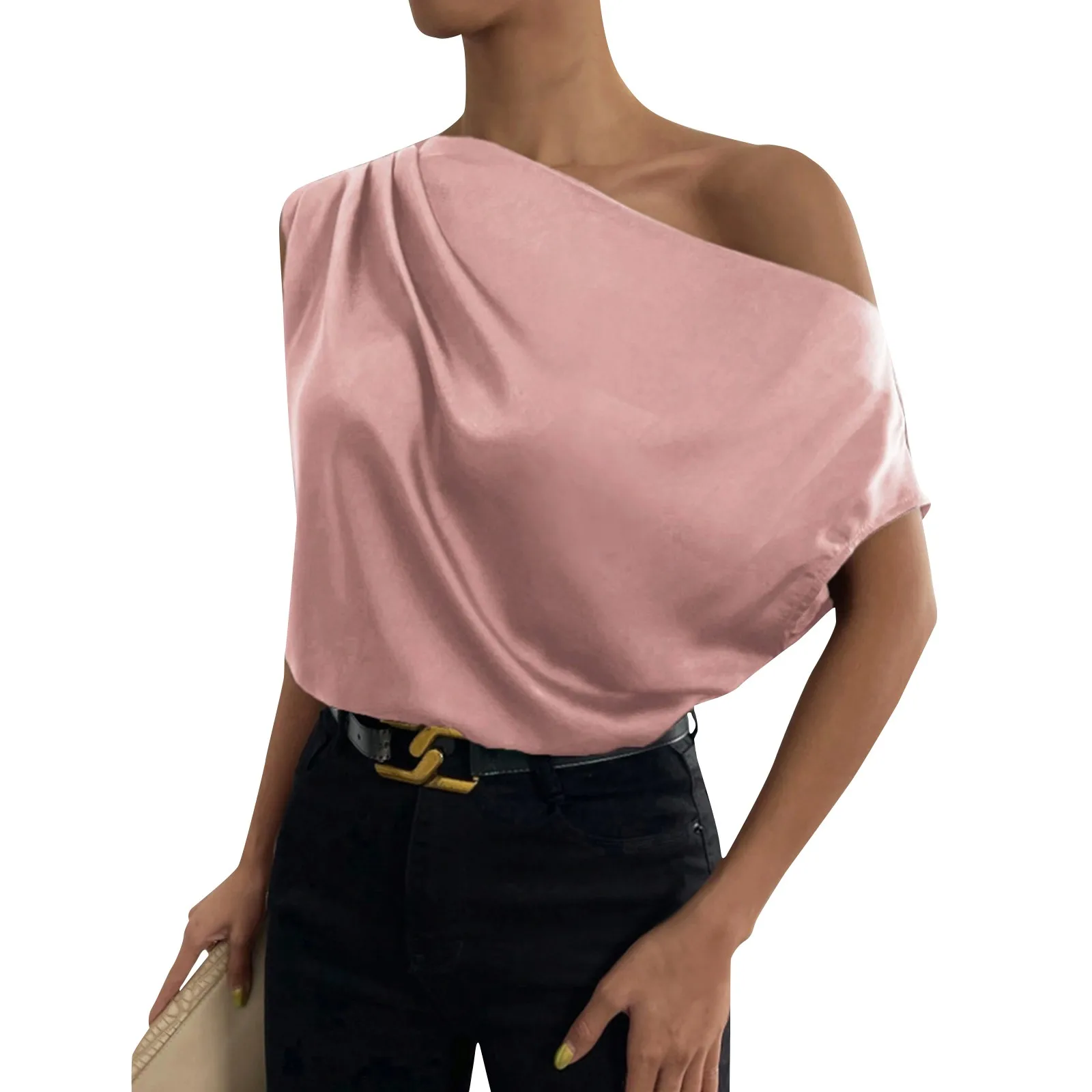 Summer Fashion Versatile Slant Collar Pinch-pleated One-Shoulder Asymmetric Top For Ladies Solid Color Elegant Business T-shirt