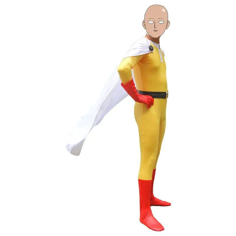 

ss13Anime ONE PUNCH- Bodysuit Saitama Cosplay Jumpsuit with White Cloak Adult Halloween Costume for Man