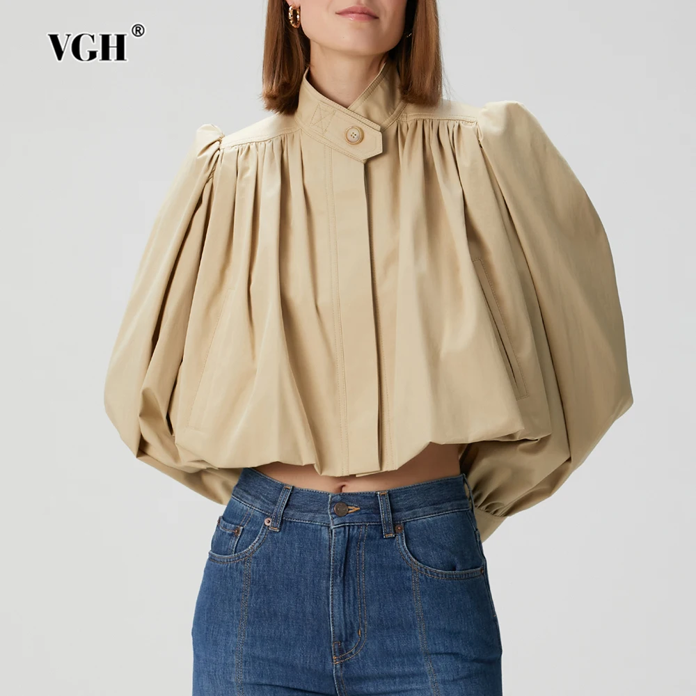 

VGH Fashionable Khaki Coat for Women Stand Collar Shoulder Pud Lantern Sleeves Patchwork Buttons Basics Short Jacket Female New