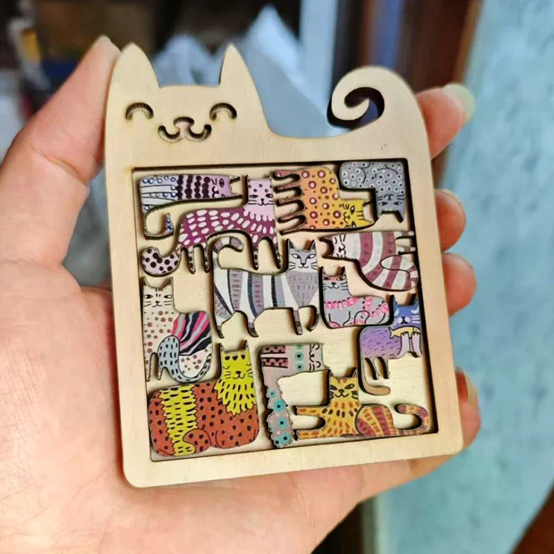 불규칙한 고양이 나무 퍼즐 표현력 넘치는 퍼즐 장난감 독특한 동물 모양 릴랙스 선물 장식 예술품 두뇌 자극 게임