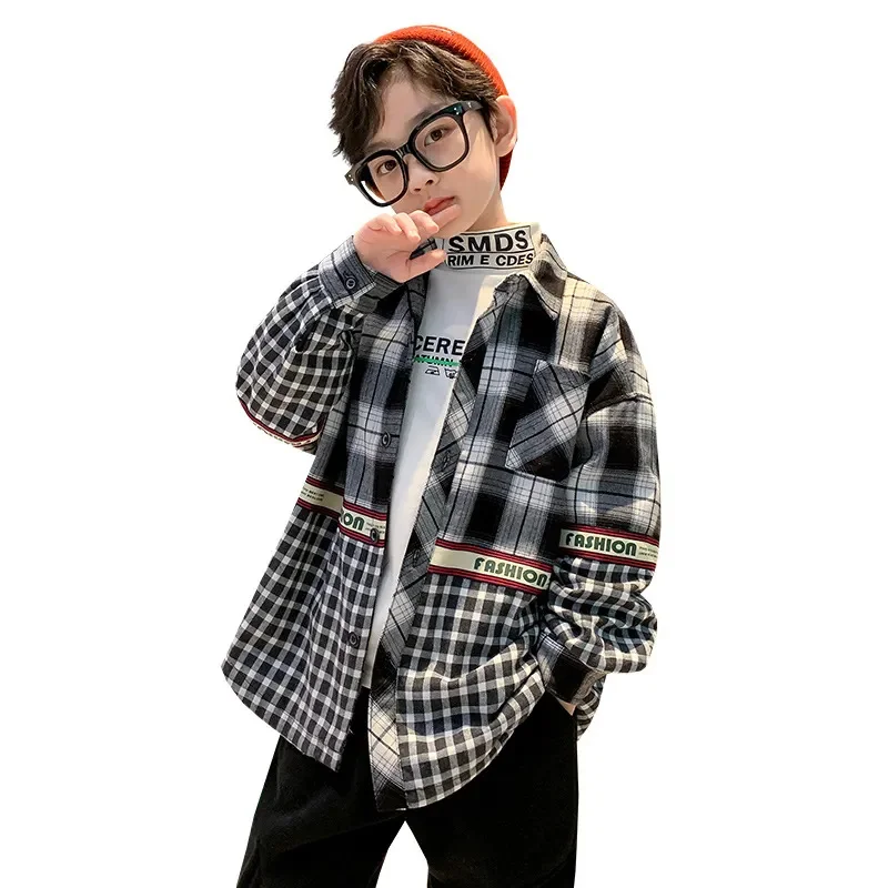 Teen Boys Clothes Fashion Letter Print Patchwork Blouse Autumn Winter Plush Warm Top Long Sleeve Shirt Children's Clothing 4-14Y