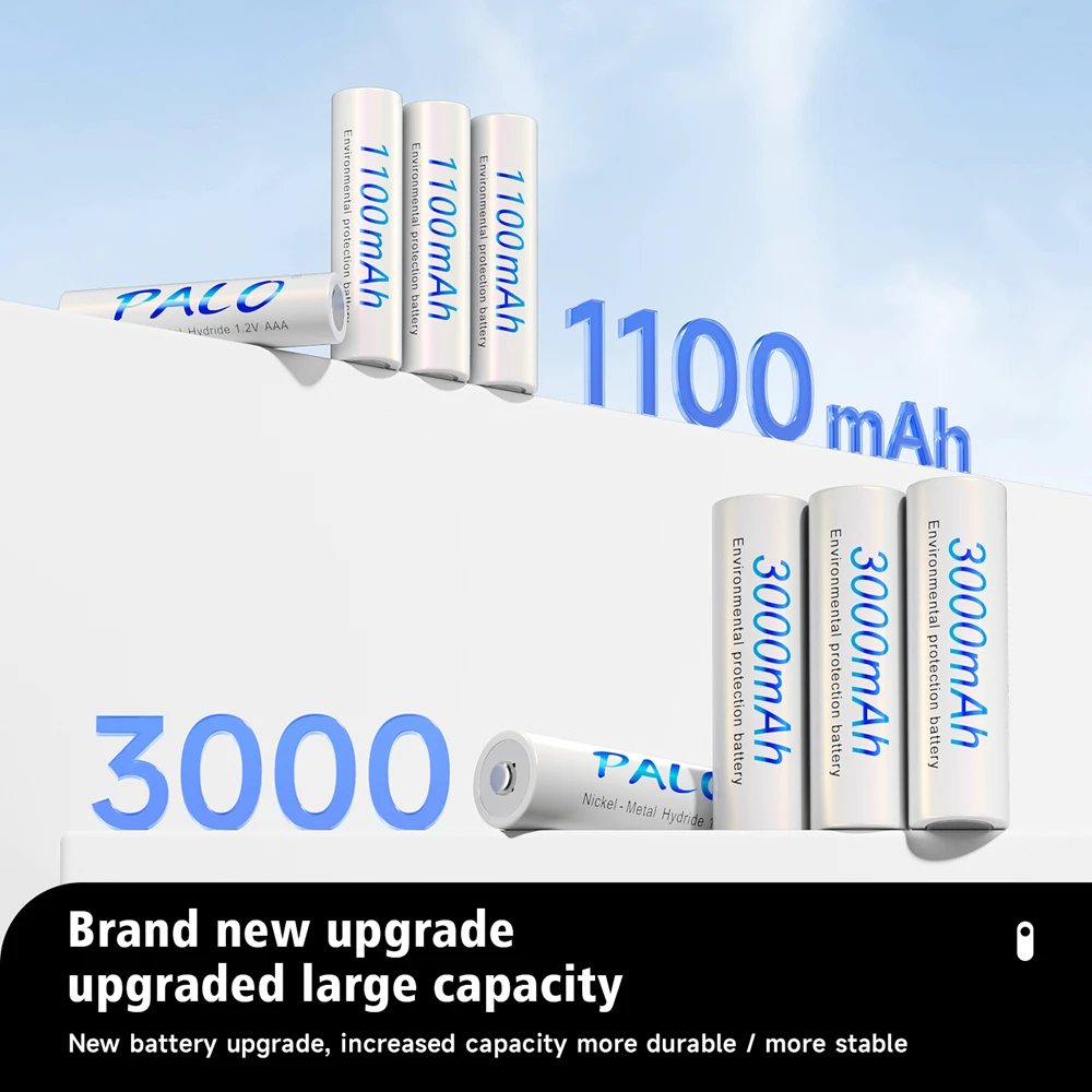 Palo-充電式バッテリー,USB-C急速充電,懐中電灯用スマート充電器,aa,aaa,3000mah,1100mah,1.2v,ni-mh,充電式