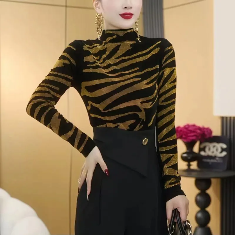 New 2025 Design Full Bright Diamond Print Color Matching Long-sleeved Fashion Top Autumn and Winter Warm Bottoming Shirt
