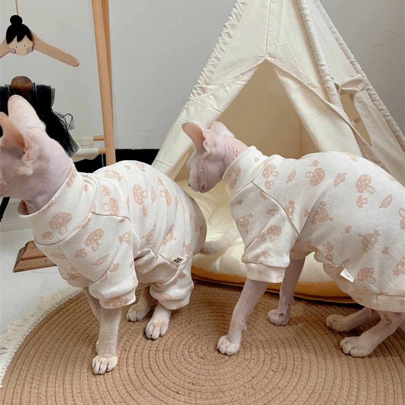 Sphynx Cat Cotton Coat in Spring Autumn Soft Beige Cartoon Long Sleeves T-Shirt for Kittens Loungewear elestic For Devon Rex