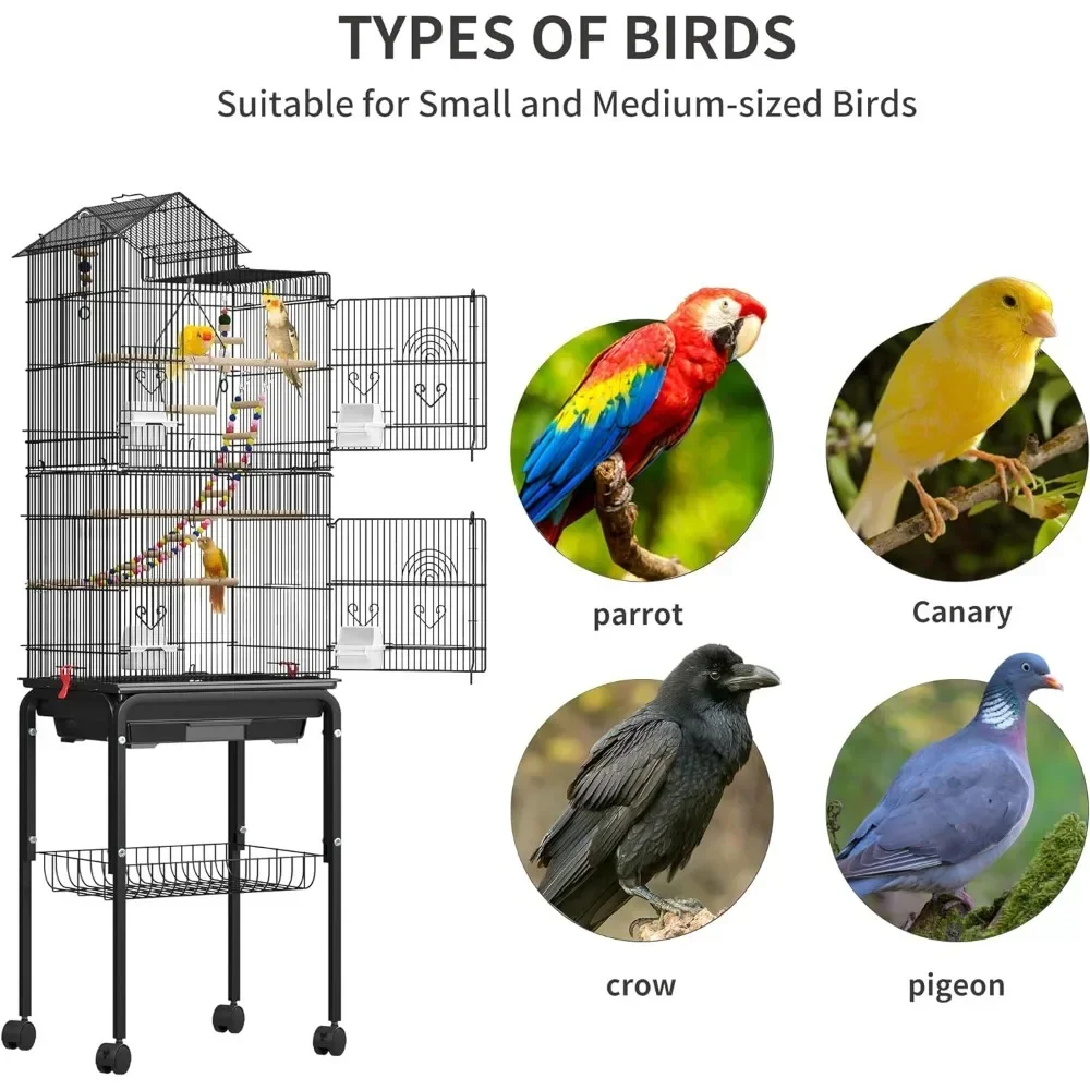 62 inch Metal Bird Cage, Large Parakeet Cages for Parrot, Cockatiel, Lovebird, Pigeon with Roof Top, Rolling Stand