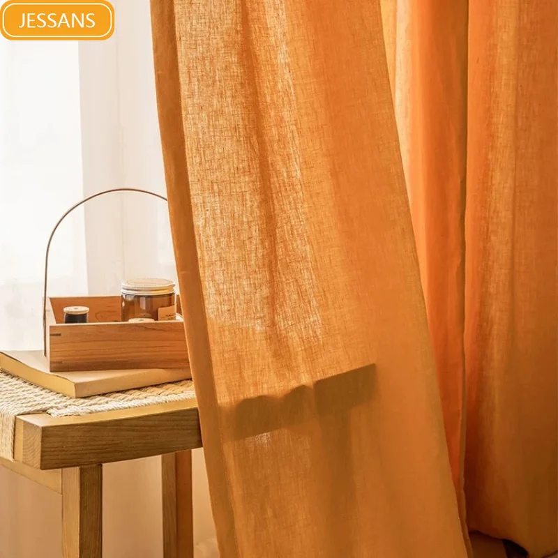 Customized Partition Orange Linen Natural French Window Balcony Curtain Finished Products Curtains for Living Room Bedroom Door