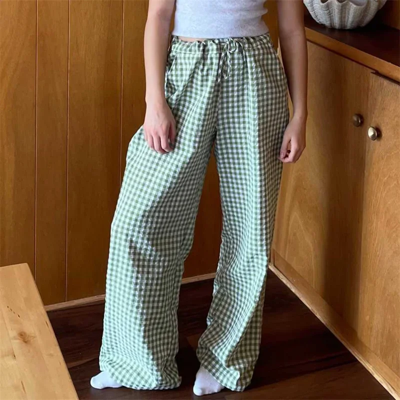 y2k Lounge Pants 2000s Clothes Women Plaid Print Drawstring High Waist Loose Trousers with Pockets 2000s Clothing Streetwear