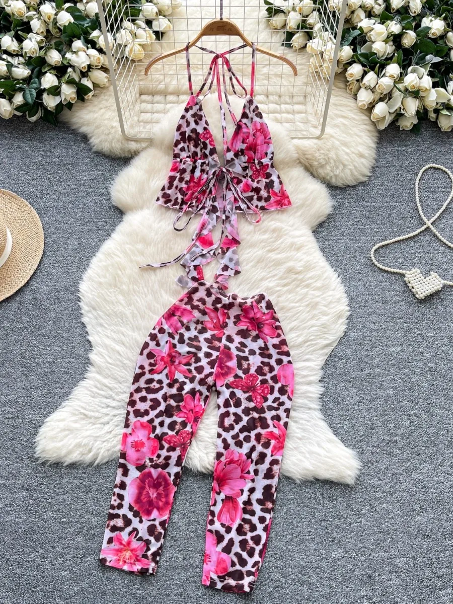 

Foamlina, летняя Америка, популярный женский жилет с завязками на талии и бретельками с принтом + узкие капри, полубрюки, комплект из двух предметов