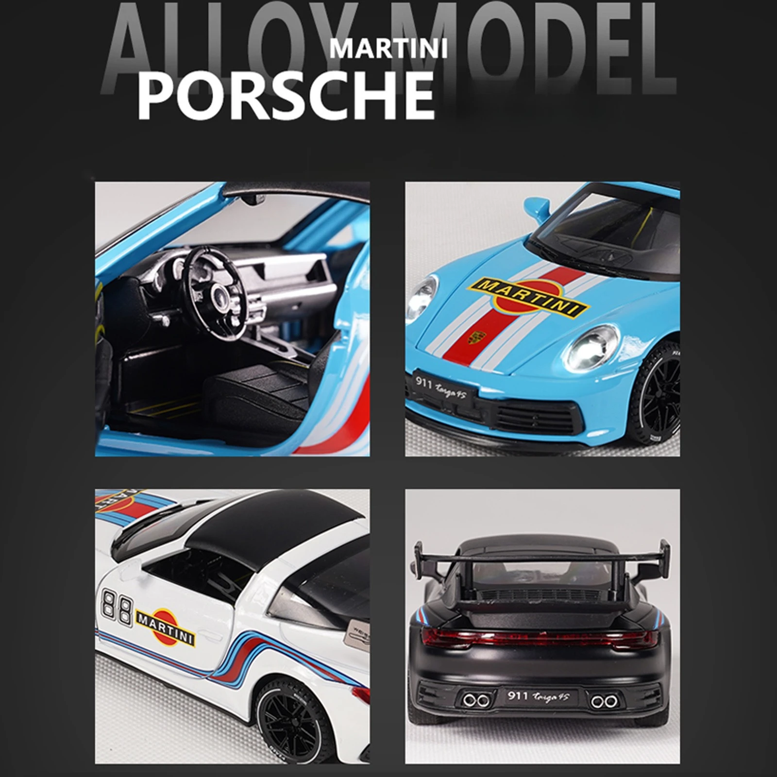 1:32 Porsche 911 Targa 4S Martini Racing Edition Sportwagen Legierung Metalldruckguss Modellauto Sound & Light Pull Back Fahrzeuge Geschenke