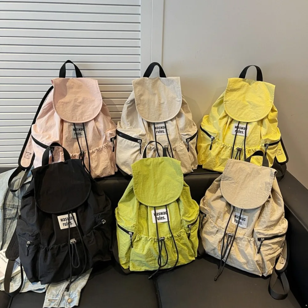 

Simple Solid Color Drawsting Backpacks Light Weight Large Capacity Ruched Shoulder Bags Casual Nylon Student Schoolbag Unisex