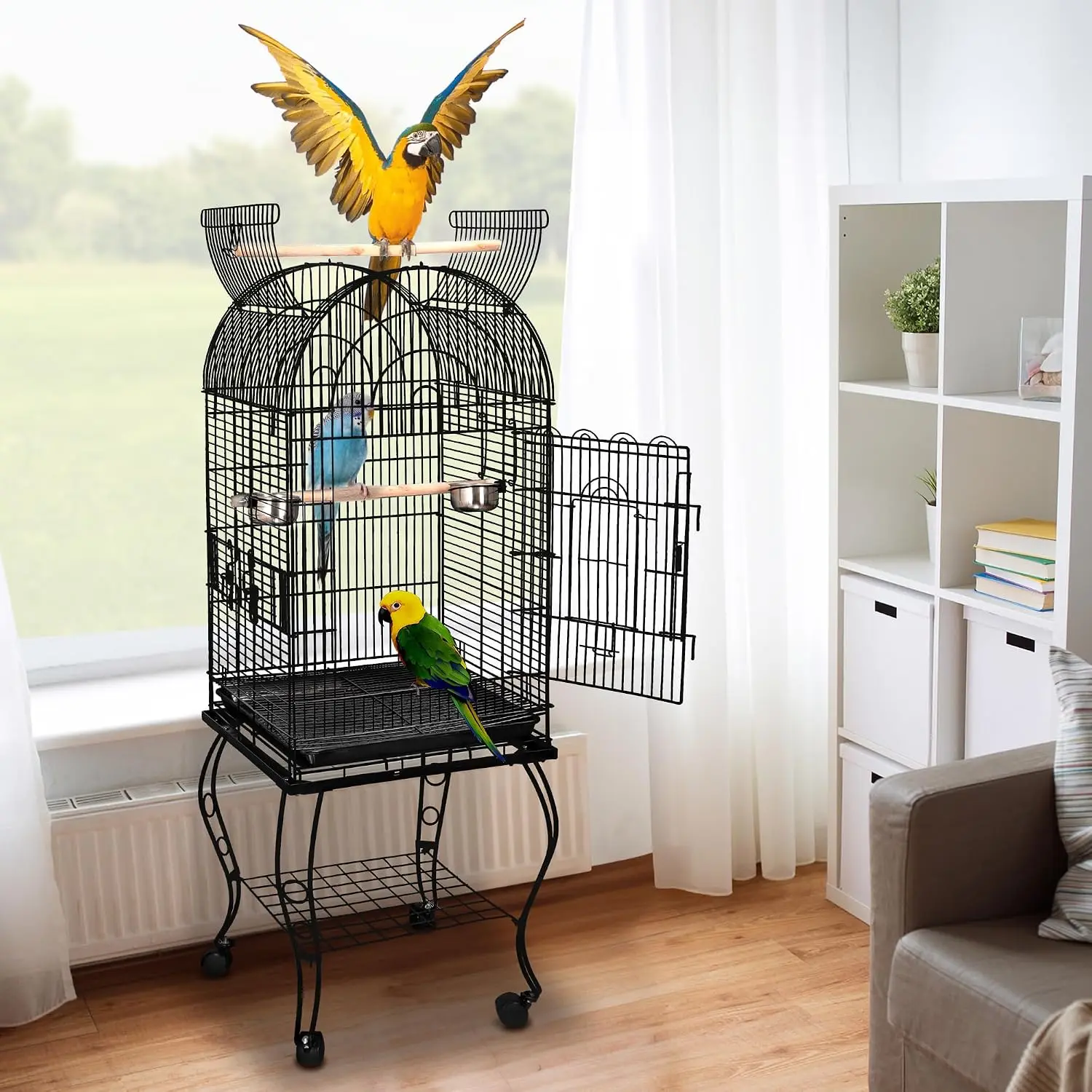 64-Inch Large Rolling Bird Cage with Rolling Stand and Storage Shelf, Wrought Iron Medium Pet House for Cockatiel, Sun Conure, Parakeet, Finch, Budgie, Lovebird, Canary