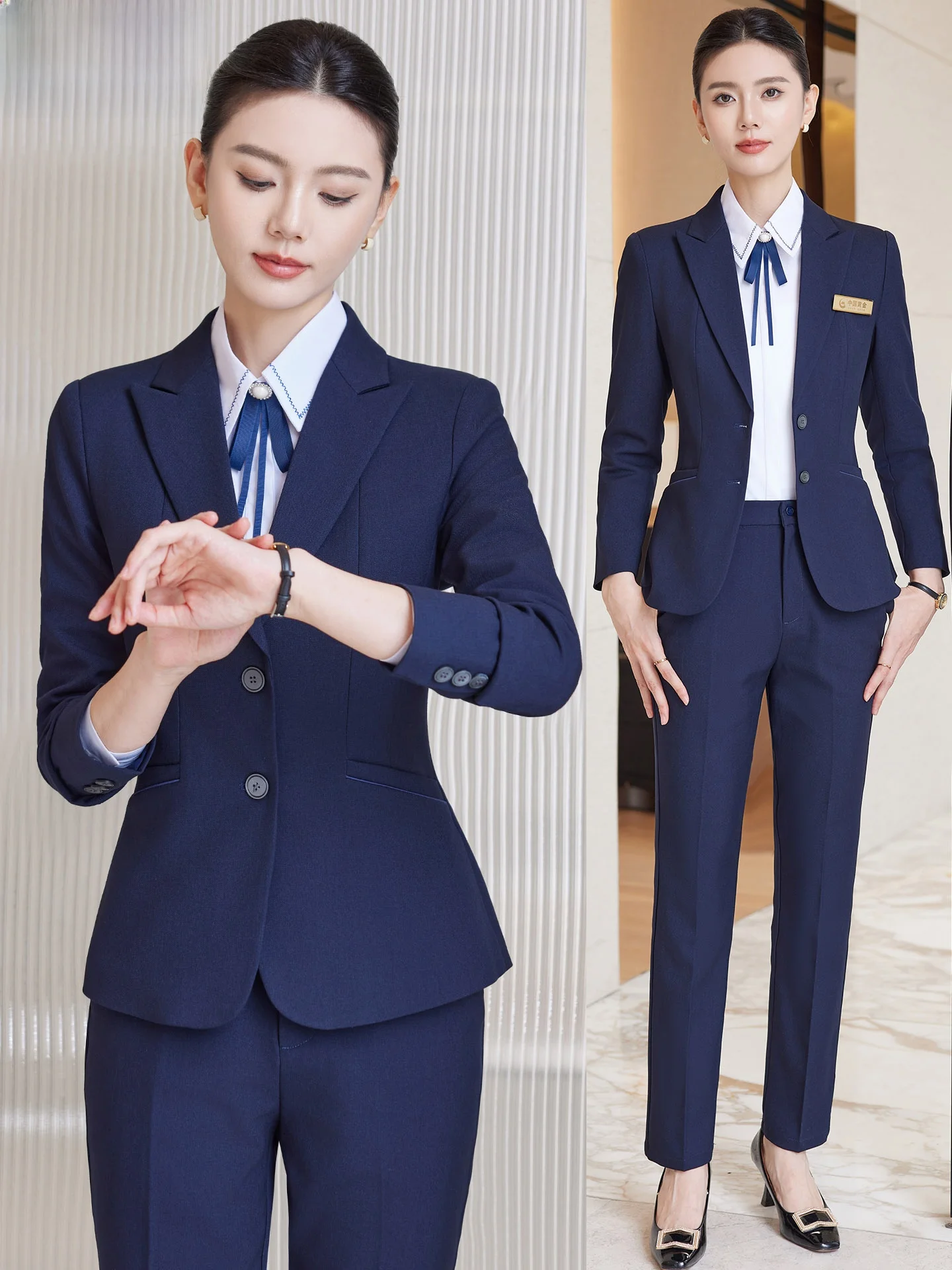 

Синий деловой костюм-двойка для женщин: осенняя рабочая форма для продавцов 4S-магазинов, профессиональная униформа для отельеров и сотрудников ювелирных магазинов