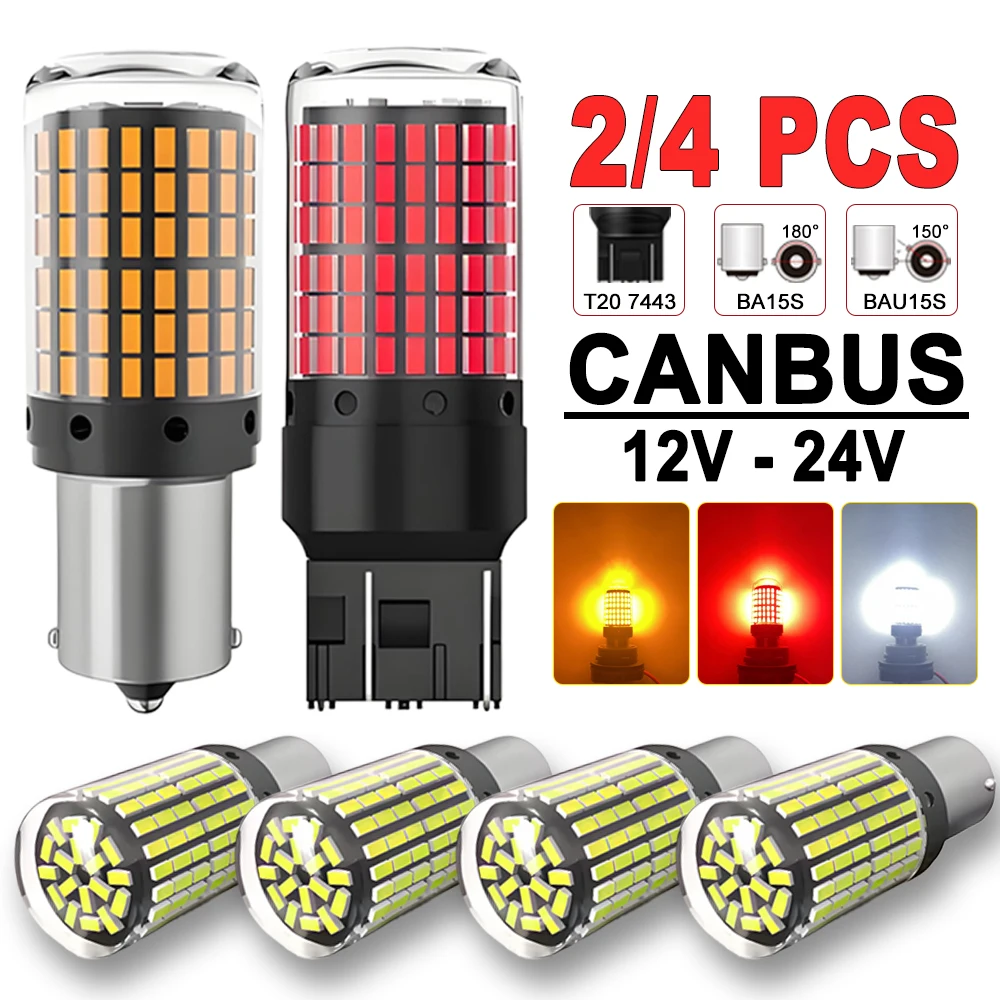 

2/4 PCS CANBUS 1156 BA15S BAU15D 7443 W21W LED Bulb 12V 24V 144SMD Bright White Yellow Car Tail Brake Parking Turn Signal Lights