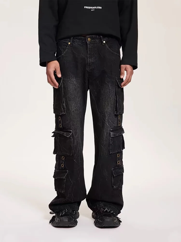 

2025 Cyber Y2K Streetwear Multi Pockets Dark Black Baggy Cargo Jeans Pants Men Clothing Straight Cotton Trousers Pantalon Homme