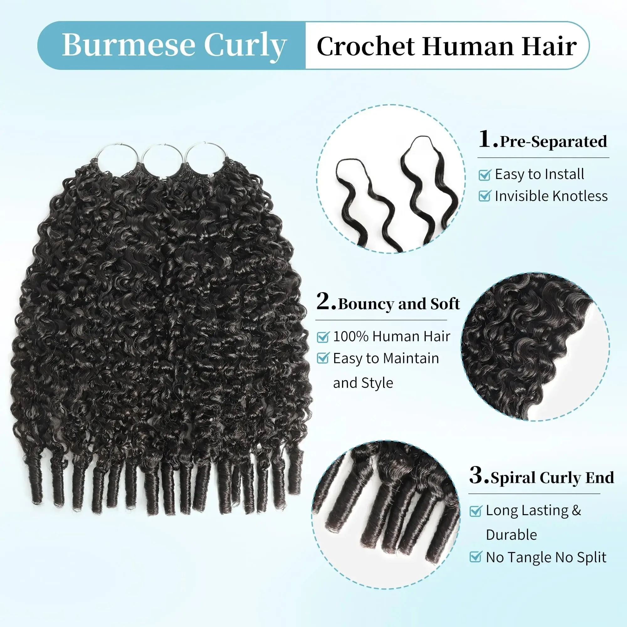 Burmese Curly Human Hair Extensions Boho Braided Pre-Looped Feather Crochet Hair with Miracle Knots Spiral Curly Hair for Braids