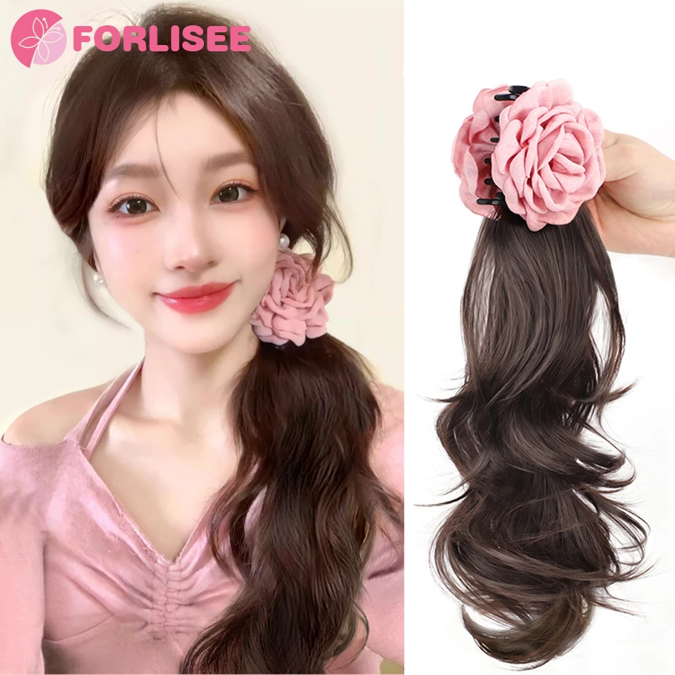 FORLISEE Synthetic Horsetail Wig Women's Pink Rose Grab Clip Side Tie Layered Wave Curly Hair Natural Sweet Wig Braid Horsetail